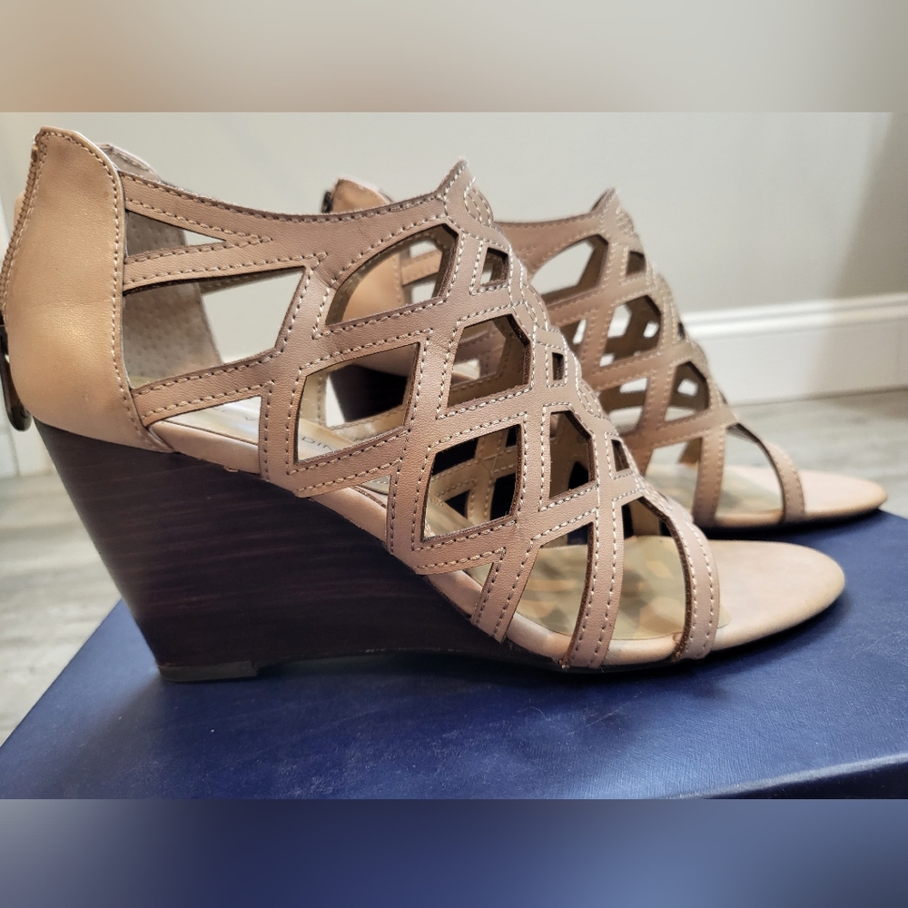 Adrienne Vittadini Alby Caged Wedge Sandals, Soft Wheat, 8